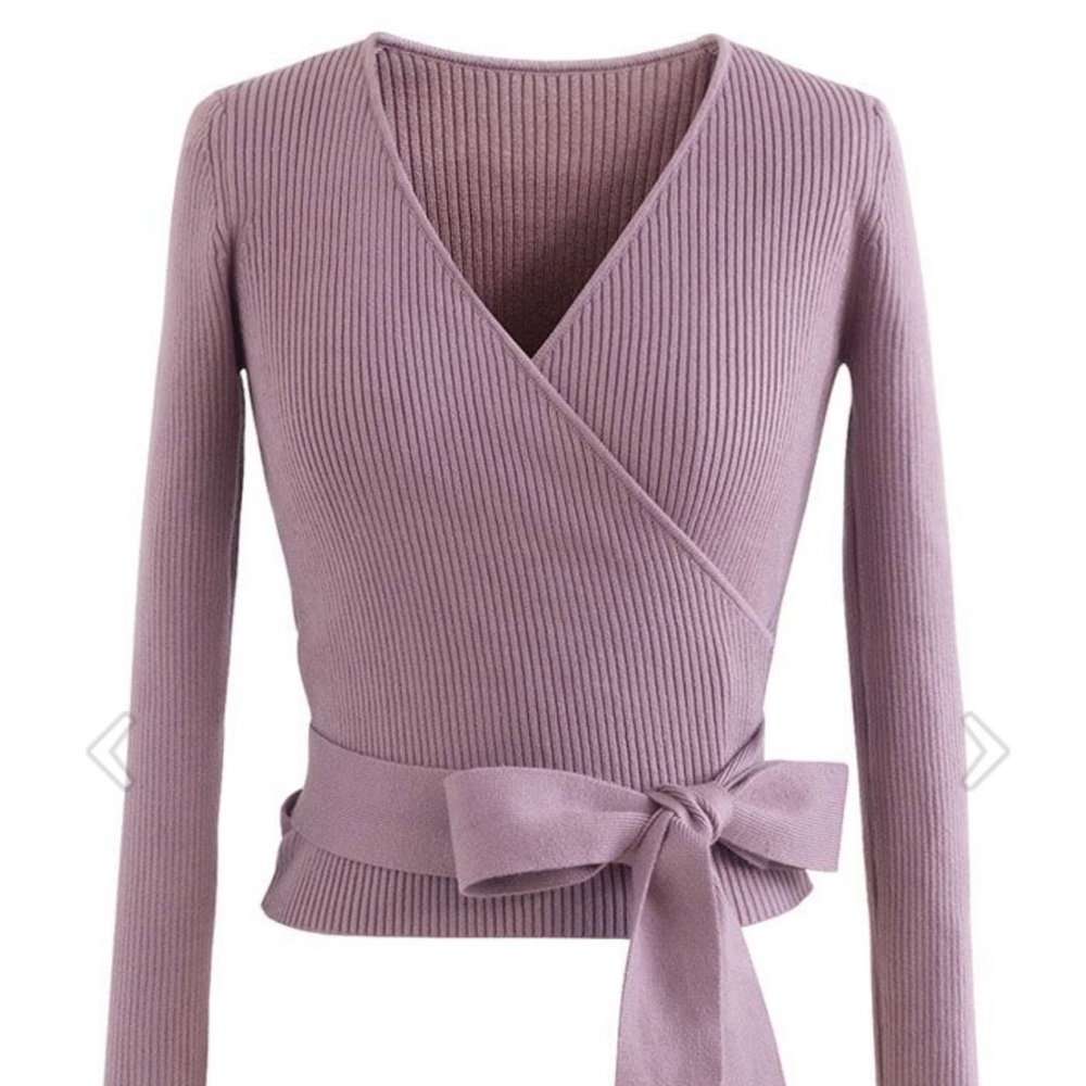 V-Neck Tie-Wait Wrap Knit Top, XS-S